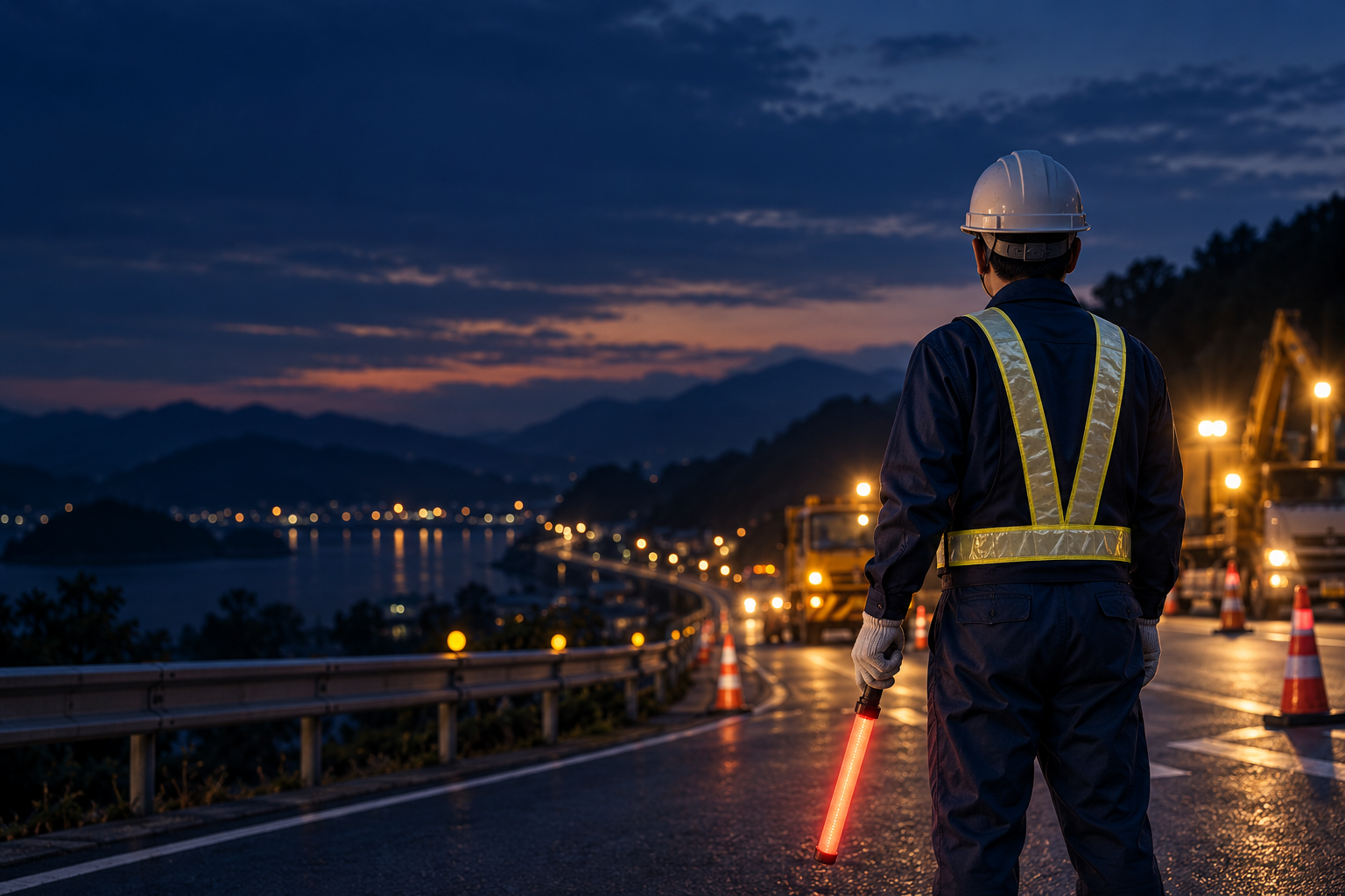 夕暮れの道路で交通誘導を行う人物のAI生成イメージ